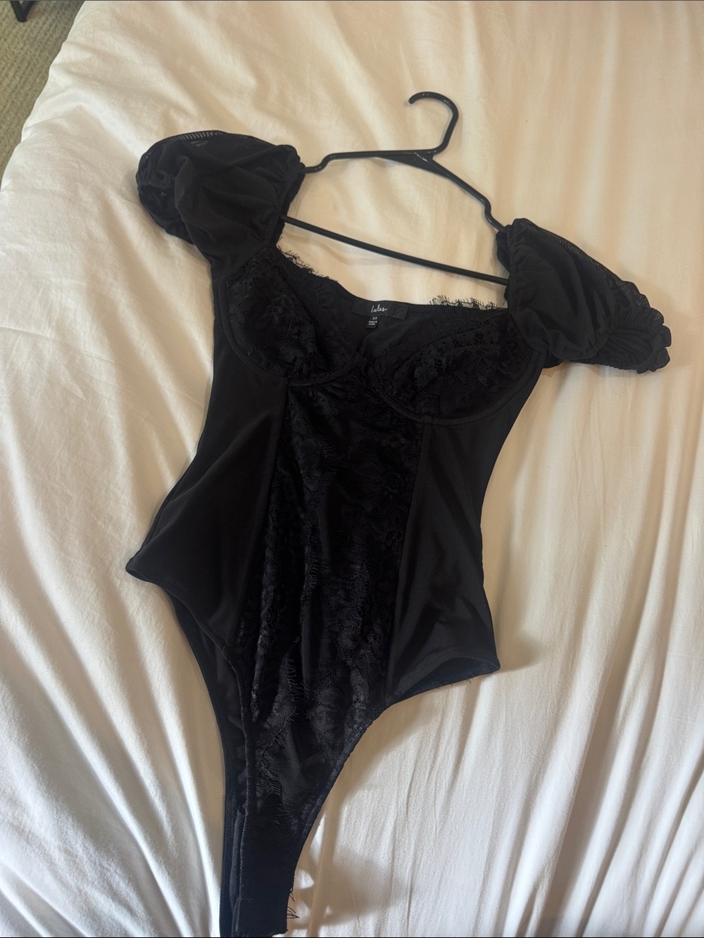 Lulu's Black Lace-Trim Puff Sleeve Bodysuit